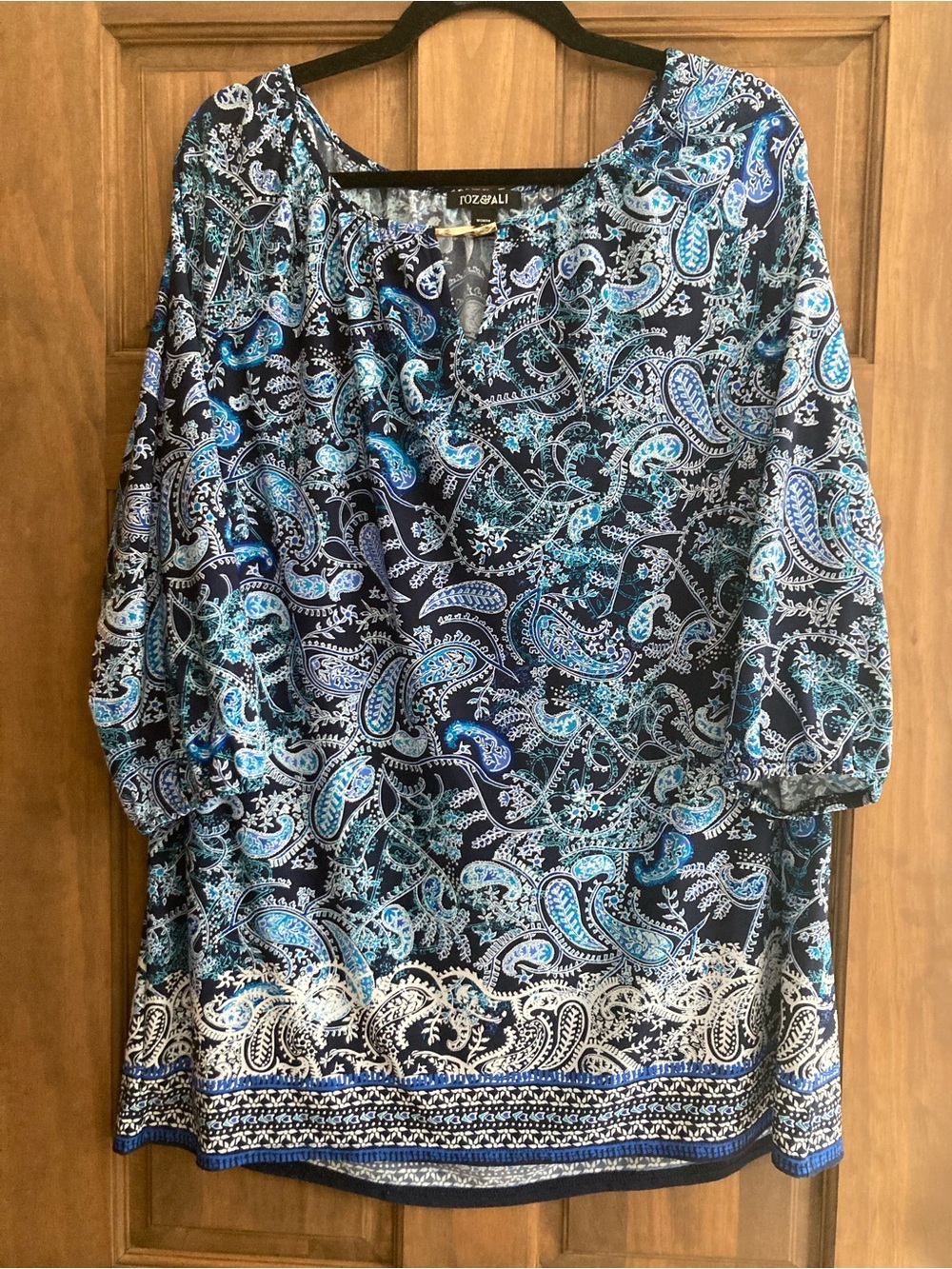 Roz & Ali Shades of Blue Paisley-Print 3/4 Sleeves Top 1X